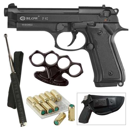 BLANK GUN SECURITY COMBO:Blow F92 Beretta Blank Gun with Blanks, Holster, Extendable Baton and Knuck