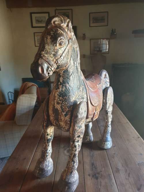 VINTAGE CHILDS RIDE ON HORSE - metal with great original paint patina