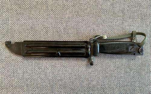 AKM Bayonet - Type II. Matching bayonet and scabbard number 145723. East German. SADF / Recce era
