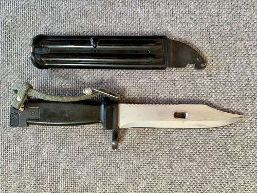 AKM Bayonet - Type II. Matching bayonet and scabbard number 145723. East German. SADF / Recce era