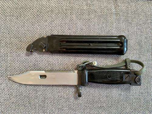 AKM Bayonet - Type II. Matching bayonet and scabbard number 145723. East German. SADF / Recce era