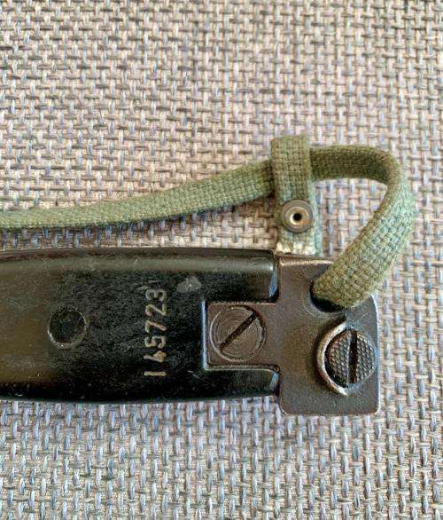 AKM Bayonet - Type II. Matching bayonet and scabbard number 145723. East German. SADF / Recce era