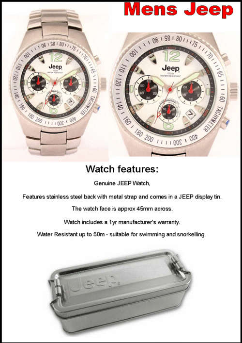 MENS JEEP WATCH 5 ATM CHRONOGRAPH with Metal STRAP - White face - NEW EUROPEAN RANGE