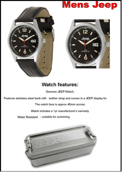 MENS JEEP WATCH CLASSIC LEATHER STRAP -  BLACK Face RRP 1395