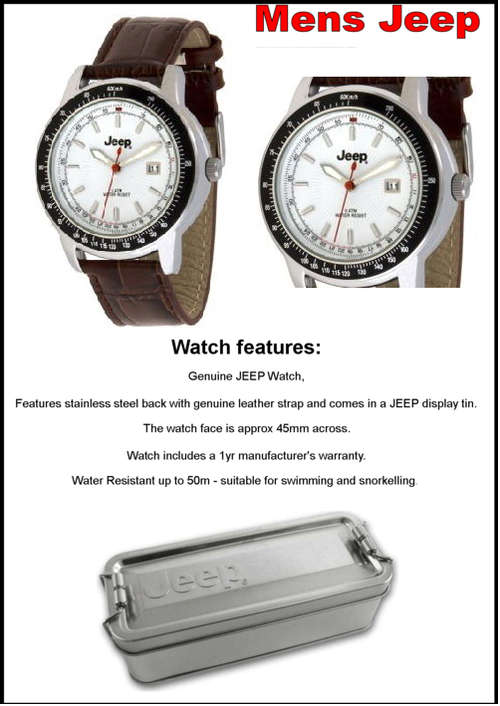 MENS JEEP WATCH 5 ATM CLASSIC LEATHER STRAP - White RRP 1395