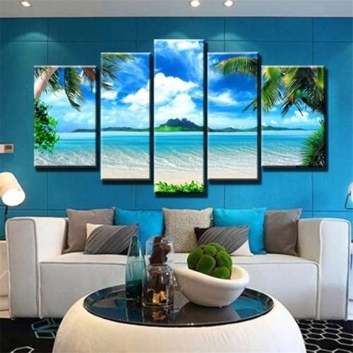 Unframed 5 Panel Wall Art Oil Painting On Canvas Blue Sky and White Clouds