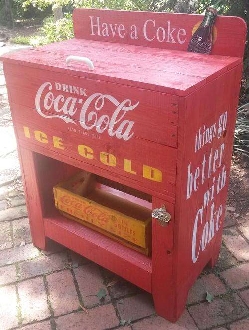 Replica 1940's Coca Cola Cooler, with Wooden Crate, Opener and Storage.