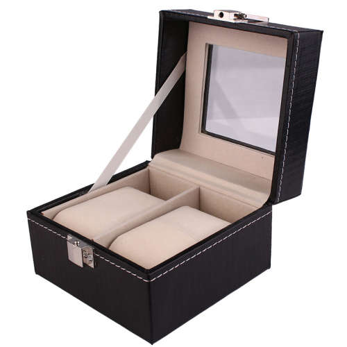 Black 2 Grid PU Leather Watch Display Collection Case Box Jewelry Storage Organizer