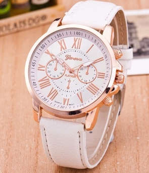 Lady Geneva Platinum Roman Leather Band Analog Quartz Wrist Watch - Off White (Beige)
