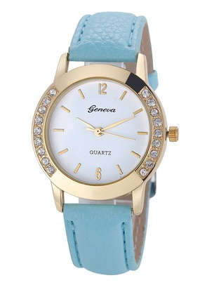 Geneva - Women Diamond Analog Leather Quartz Wrist Watch - Skye Blue