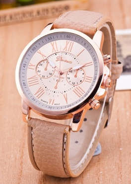 Lady Geneva Platinum Roman Leather Band Analog Quartz Wrist Watch - Beige