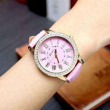 Geneva - Women Rhinestone Analog Leather Quartz Wrist Watch