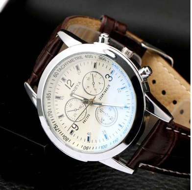 Geneva Men Faux Leather Strap Simulation Three Eyes Dial Luminous Outdoor Quartz Watch