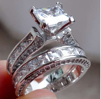 925 Sterling Silver Princess Cut White Sapphire & White Topaz Gemstone Wedding - Size 7