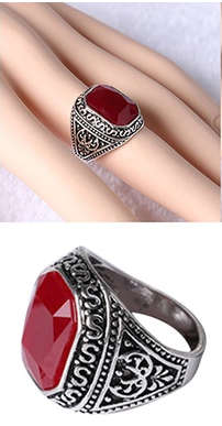 Men Women Vintage Carved Geometric Big Resin Stone Ring - Red - Size 7