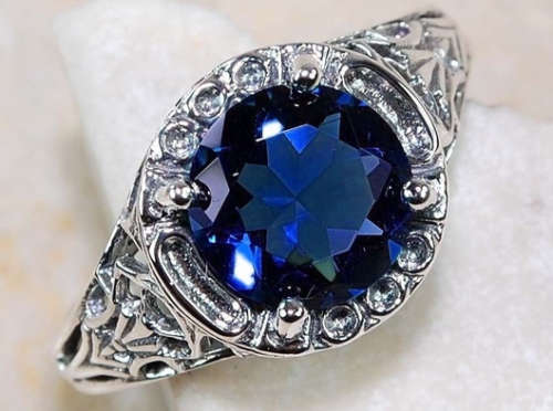 London Blue Created Topaz Silver Art Deco Filigree Ring Size 7