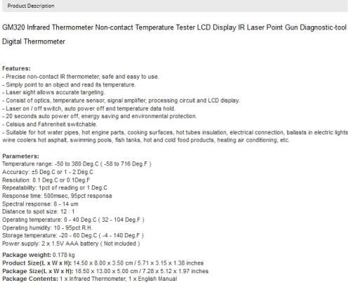 GM320 Infrared Thermometer Non-contact Temperature Tester LCD Display IR Laser Point Gun Diagnostic