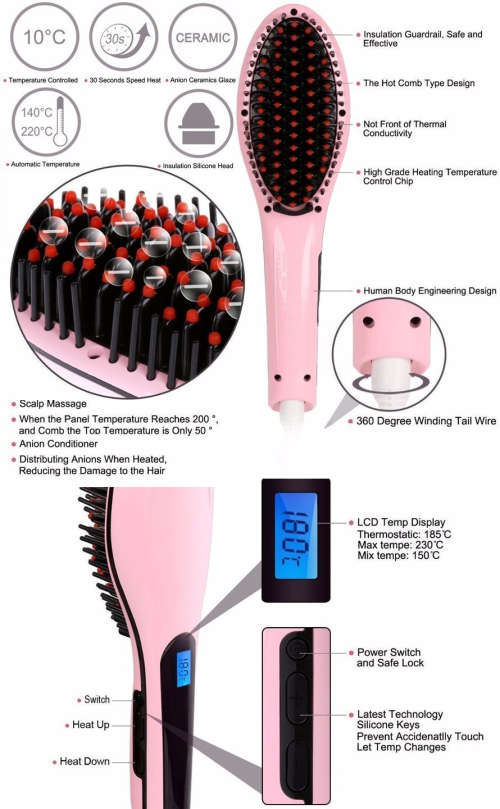 Hair Straightener Straightening Comb Brush With Temperature Nano 3 In 1 Straightening LCD Screen Wit