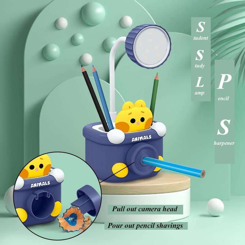 Cartoon Small Desk Lamp With Led Light Multifunctional Pen Holder With Pencil Sharpener