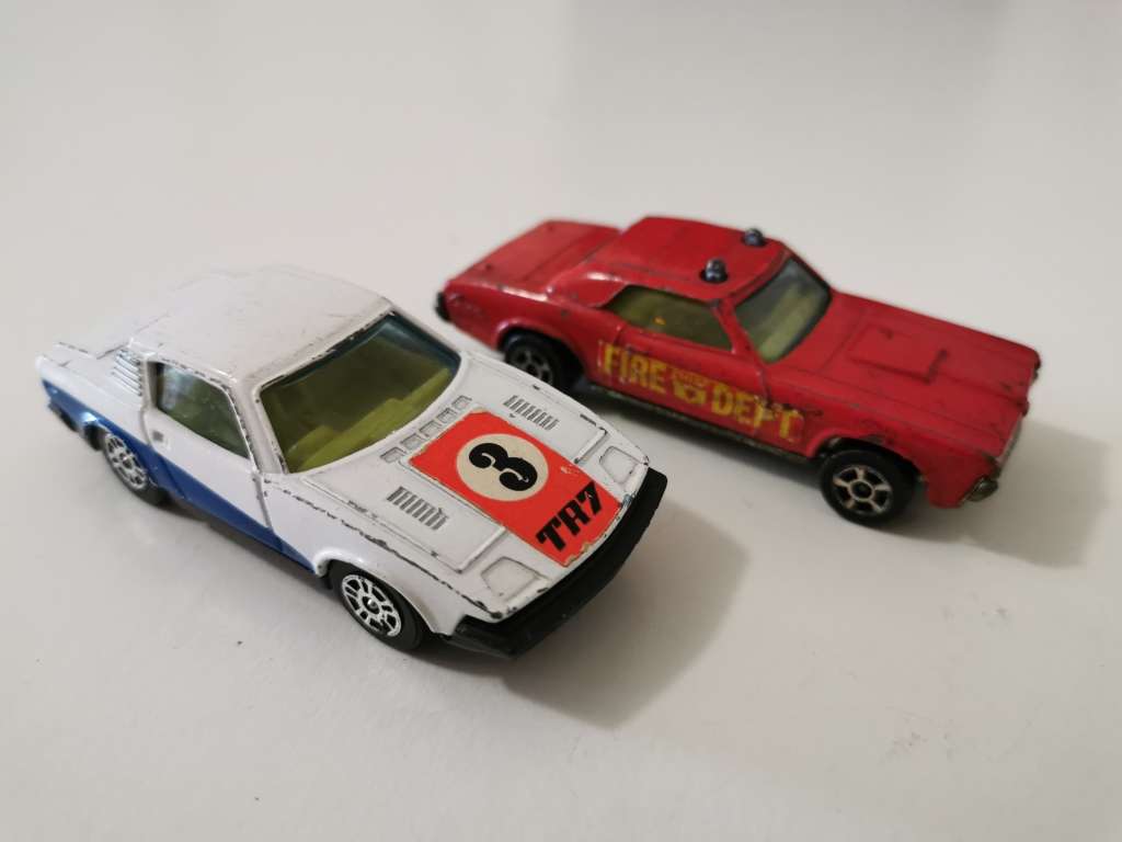 Pair of vintage Corgi Juniors: Triumph TR7 and Mercury Cougar XR7 Fire dept.
