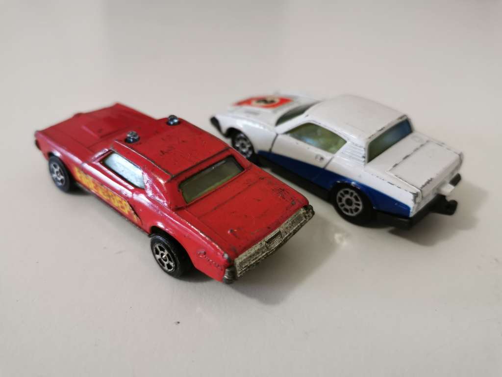 Pair of vintage Corgi Juniors: Triumph TR7 and Mercury Cougar XR7 Fire dept.