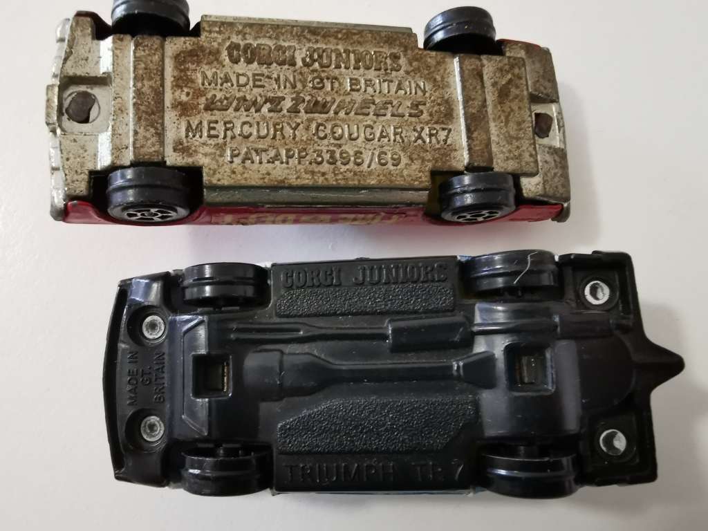 Pair of vintage Corgi Juniors: Triumph TR7 and Mercury Cougar XR7 Fire dept.