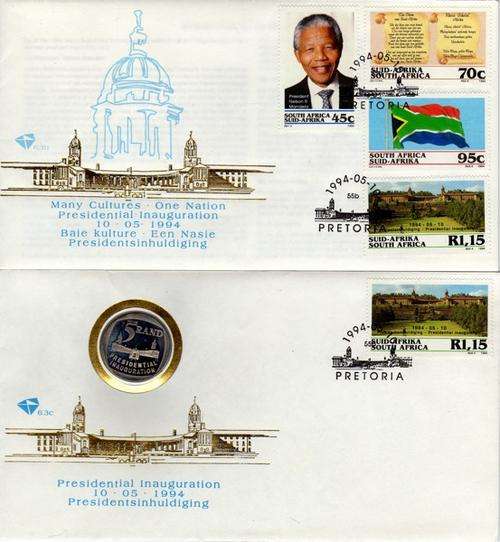 NELSON MANDELA - Presidential Inauguration (2 Covers) with PROOF R5 coin as issued by GPO