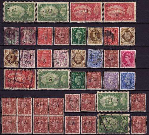 Stockcard of GB perfins including varieties - please see scans