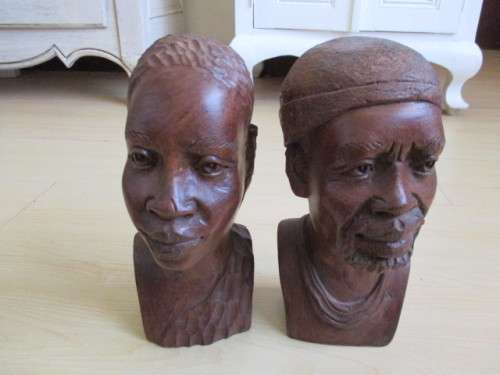 Set Carved Wooden African Heads Bookends