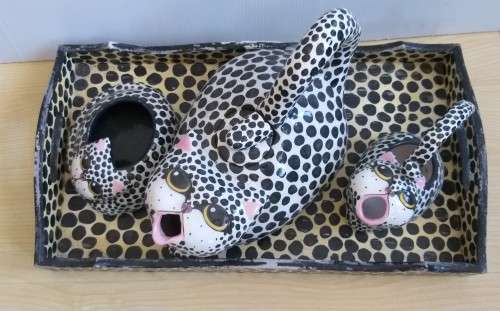 Cat Figurine Teapot, Sugar Holder, Milk Jug & Tray