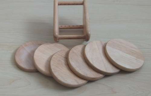 Set of 6 Round Wooden Coasters on a Stand