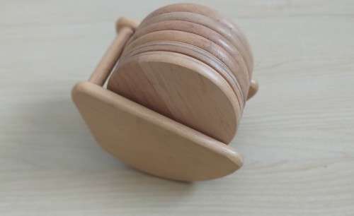 Set of 6 Round Wooden Coasters on a Stand