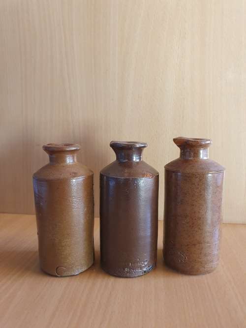 Set of 3 Brown Stoneware Ink Bottles