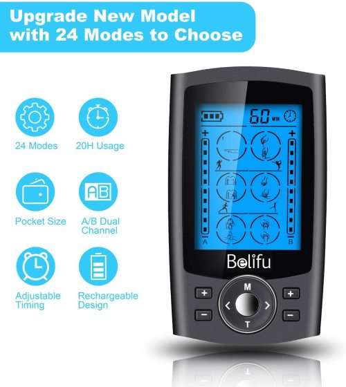 Belifu Dual Channel TENS EMS Unit 24 Modes Muscle Stimulator for Pain Relief Therapy, Electronic Pul