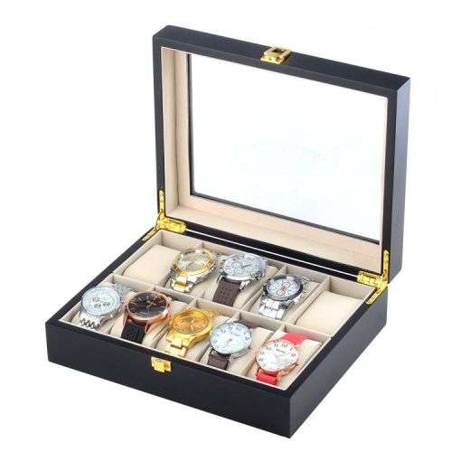 10 Compartment PU Leather Watch Display Box - Black