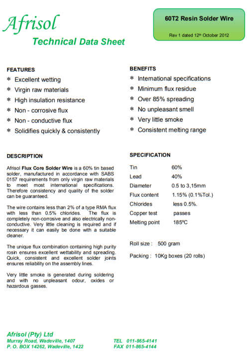 Lot of 13 rolls Afrisol 1.25mm 500g resin core solder