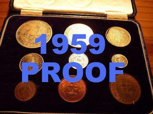 1959 SA PROOF SET OF 9 !! VERY  SCARCE ! RARELY SEEN ON BIDORBUY !! 5 SHILLINGS / CROWN -1/4PENNY !!