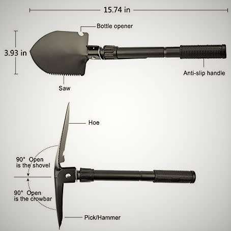 COMPACT SURVIVAL / CAMPING FOLDING SPADE - Shovel, Dibble Pick, Saw, Bottle Opener