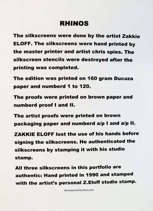 Zakkie Eloff, Rhinos Studio made pulication with three hand printed silkscreens. Studio stamped.