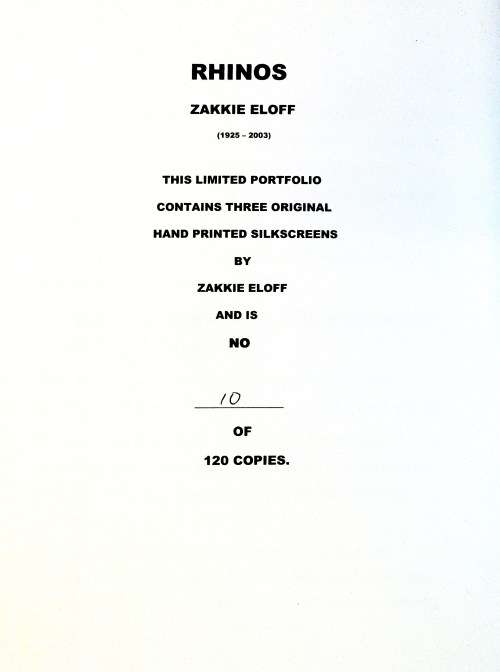 Zakkie Eloff, Rhinos Studio made pulication with three hand printed silkscreens. Studio stamped.