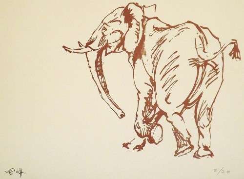 Zakkie Eloff. Young Elephant. Hand printed silkscreen. Signed in Pencil.