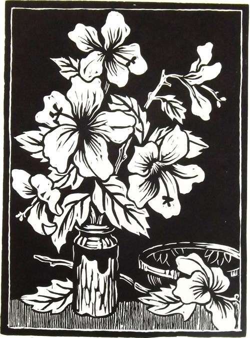 Gregoire Boonzaier HIBISCUS, Hand printed lino. Pencil signed and numbered.