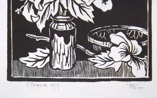 Gregoire Boonzaier HIBISCUS, Hand printed lino. Pencil signed and numbered.