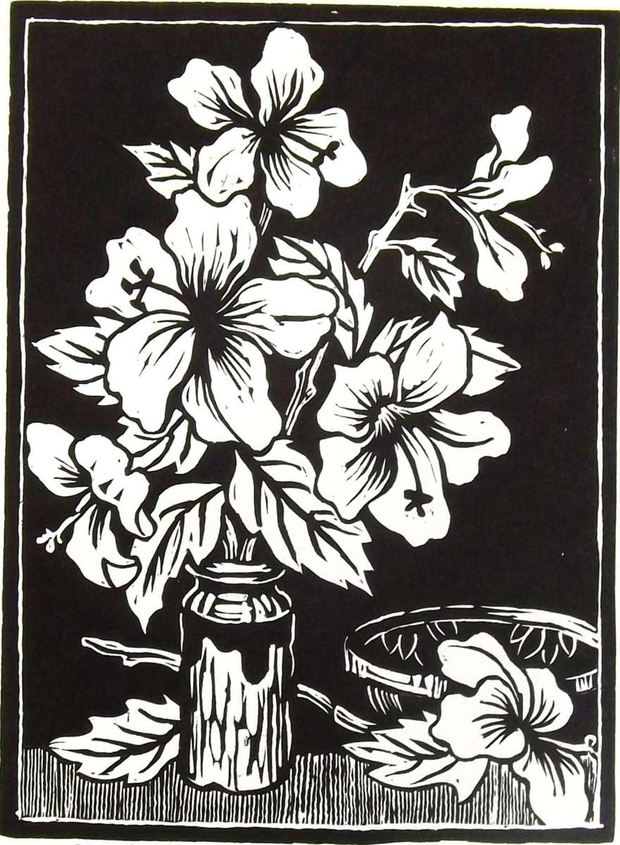 GREGOIRE BOONZAIER HIBISCUS. Hand printed lino. Limited edition. Signed.