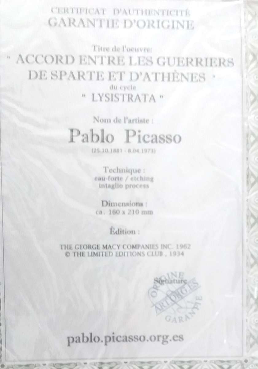 PABLO PICASSO. ACCORD ENTRE LES GUERRIES. Hand printed intaglio print. Mint condition. COA attached.