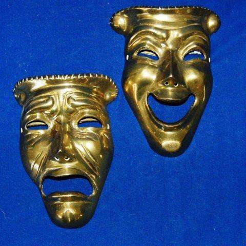 2 Ornamental Brass Wall Hanging Theatre Masks - 170mm X 125mm