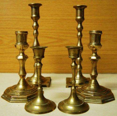 3 Pairs of Brass Candlesticks - Need a good clean - Tallest 210mm - Sold as one Lot