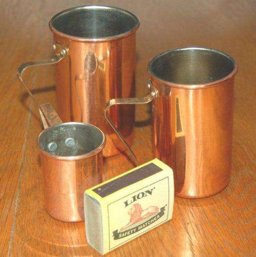 Three Copper Measuring Jugs with Brass Handles - 1 cup - 3/4 Cup and 1/4 Cup - Tallest 90mm