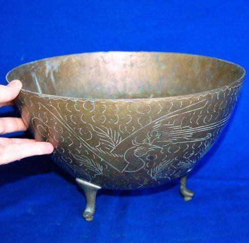 Large Antique Brass Footed Bowl with Dragon and Peacock  Motifs - Diameter 320mm Height 200mm