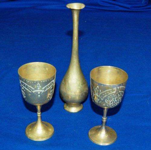 2 Brass Wine Goblets and a Stem Vase - Vase Height 205mm